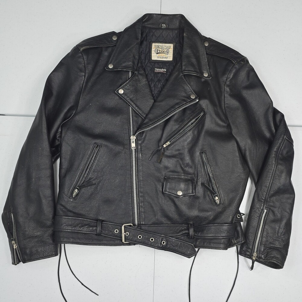 Vintage Wilsons Open Road Men XXL Black Leather Insulated Biker Jacket Belted